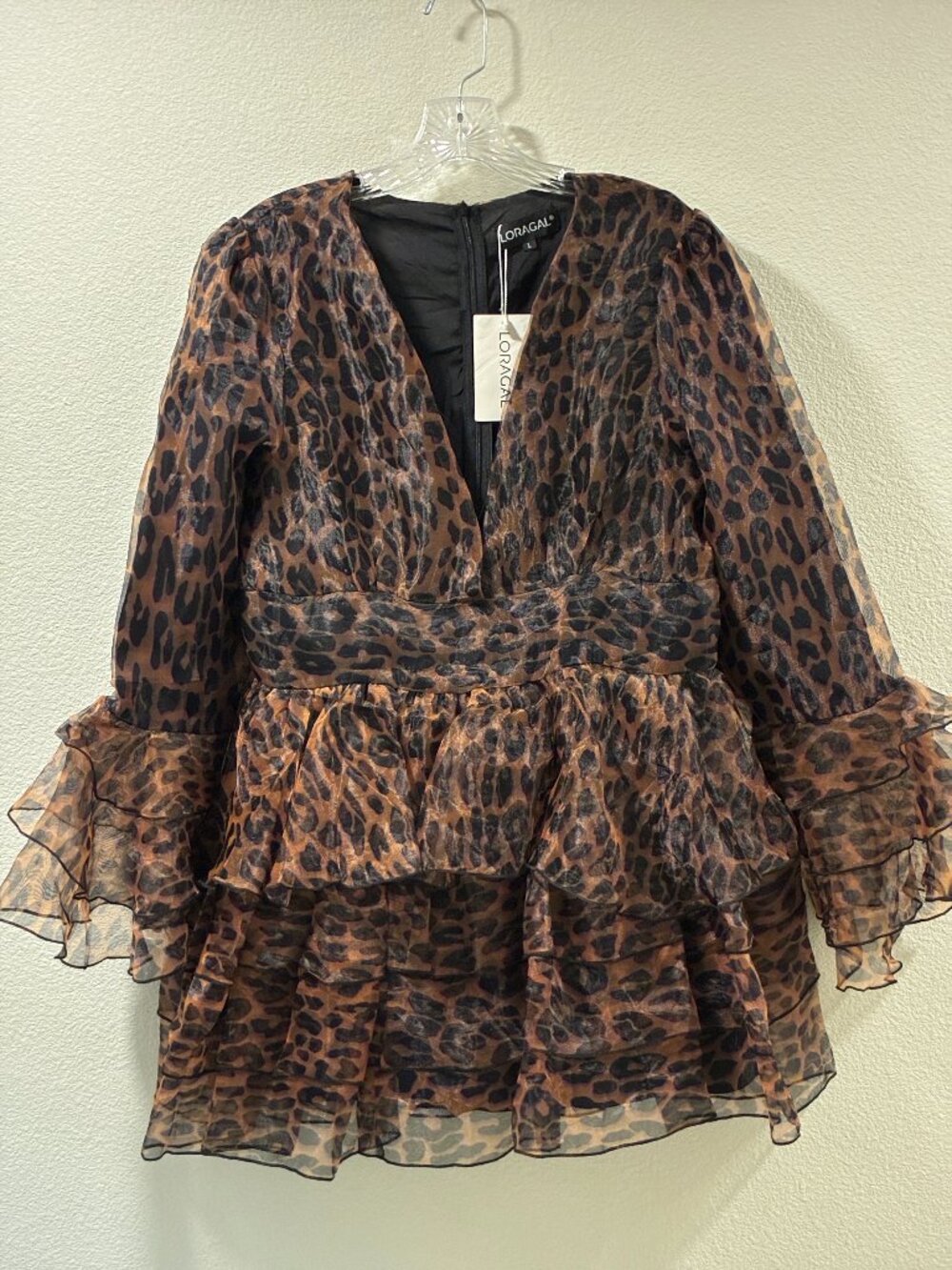 Loragal Leopard Print Plunge V Neck Long Sleeve Ruffle Mini Dress L NWT